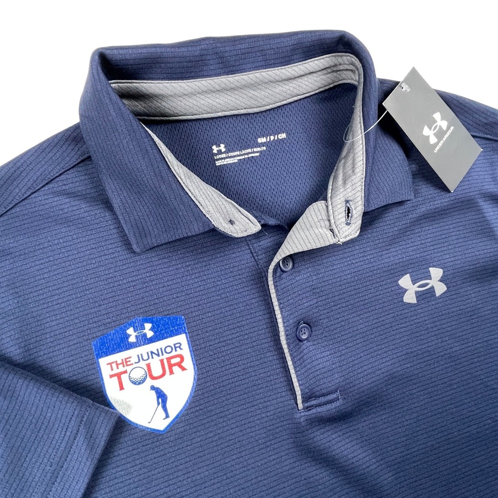 NWT Under Armour Mens Small Tech Polo The Junior Tour Logo Golf Shirt Navy Blue